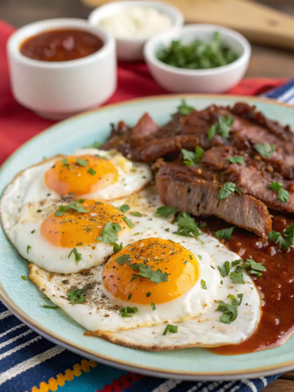 A vibrant image of Huevos Tejanos, highlighting the tender brisket, smoky BBQ sauce, and perfectly cooked eggs.