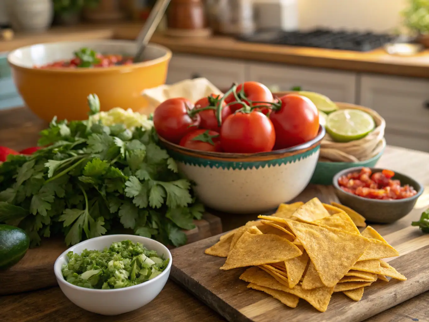 A close-up shot of crispy tortilla chips served with a vibrant bowl of homemade salsa, garnished with cilantro and lime, presented in a rustic Mexican setting.
