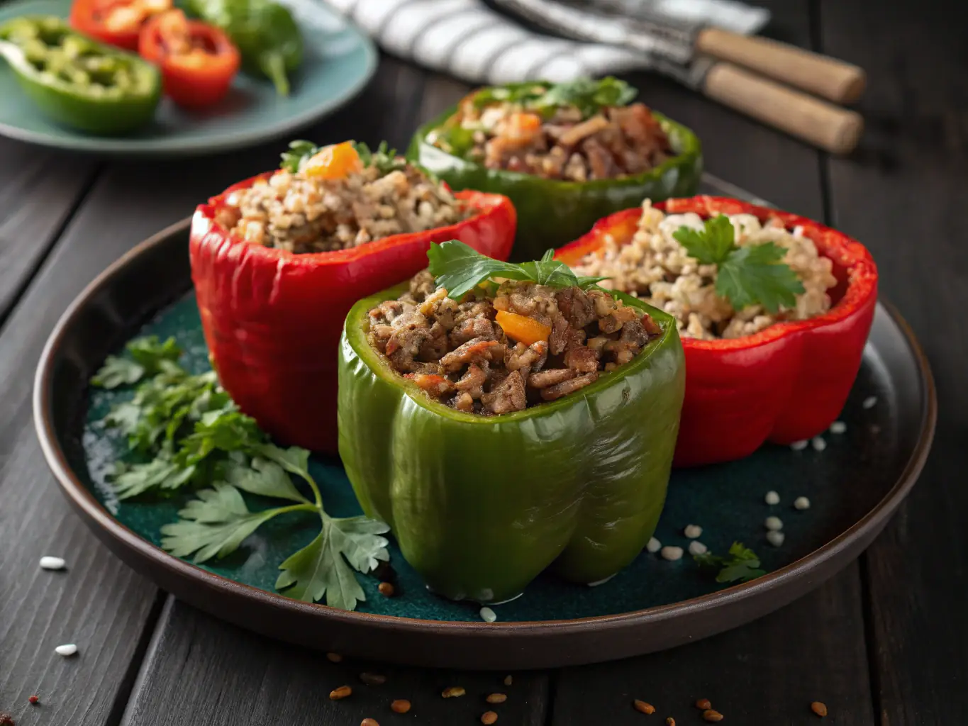 A close-up shot of Poblano Chicken, showcasing the stuffed pepper with its vibrant colors and savory filling, set against a rustic wooden table with traditional Mexican decor.