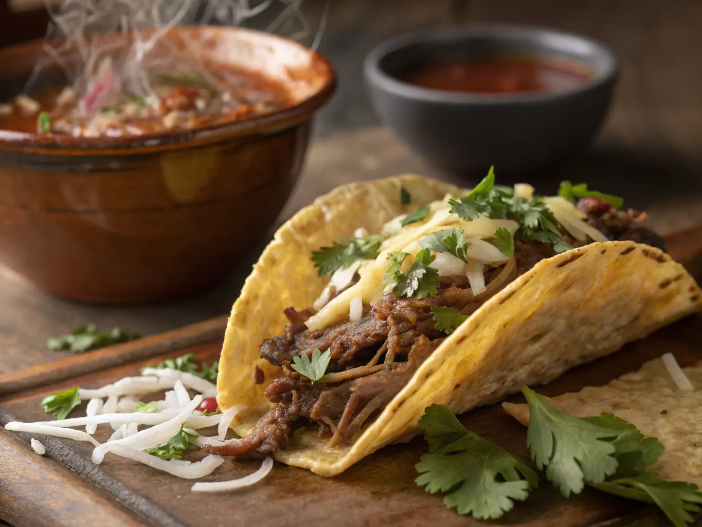 A beautifully plated Birria taco, showcasing the melted mozzarella cheese and the rich, flavorful consommé served alongside for dipping.
