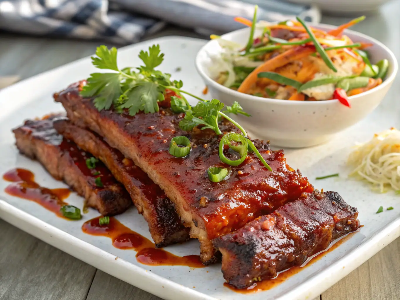 A beautifully plated Chamorro Norteño, highlighting the braised pork with its tender texture and rich, dark sauce, garnished with fresh cilantro and served with a side of rice and beans.