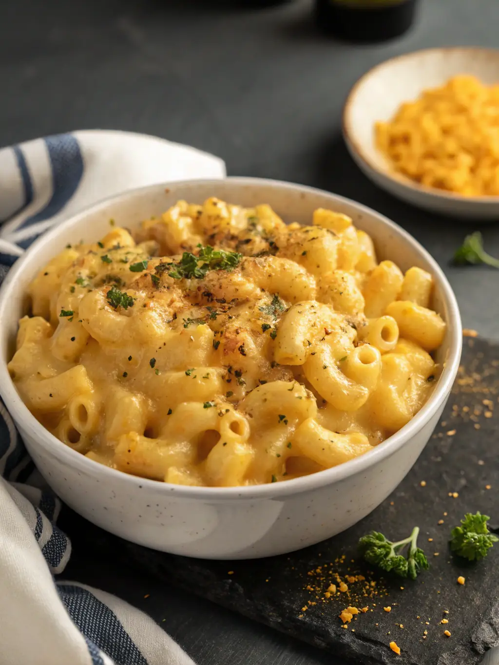 A close-up shot of creamy Mac & Cheese in a small bowl, garnished with a sprinkle of paprika, served at Con Chile y Limon.