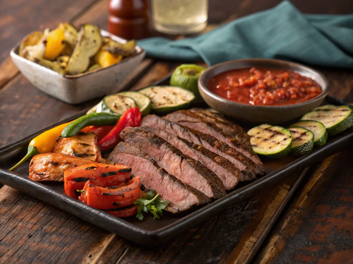 A plate of Carnitas or Asada, garnished with guacamole and pico de gallo, highlighting the tender and flavorful meat, served in a rustic and authentic Mexican restaurant setting.