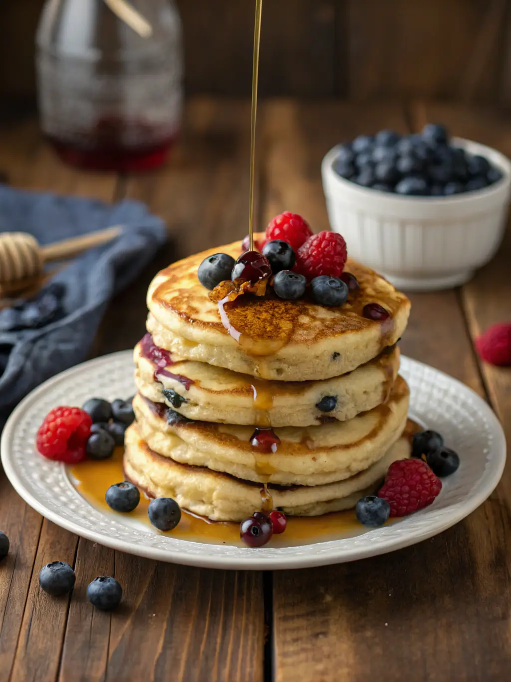 A stack of fluffy pancakes drizzled with syrup and topped with fresh berries, served as part of the kids' menu at Con Chile y Limon.