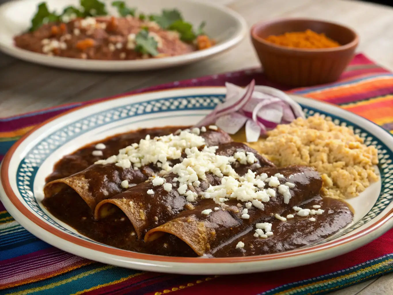 A beautifully plated dish of Enchiladas with rice and beans, showcasing the vibrant colors and textures of the dish, served in a warm and inviting restaurant setting.