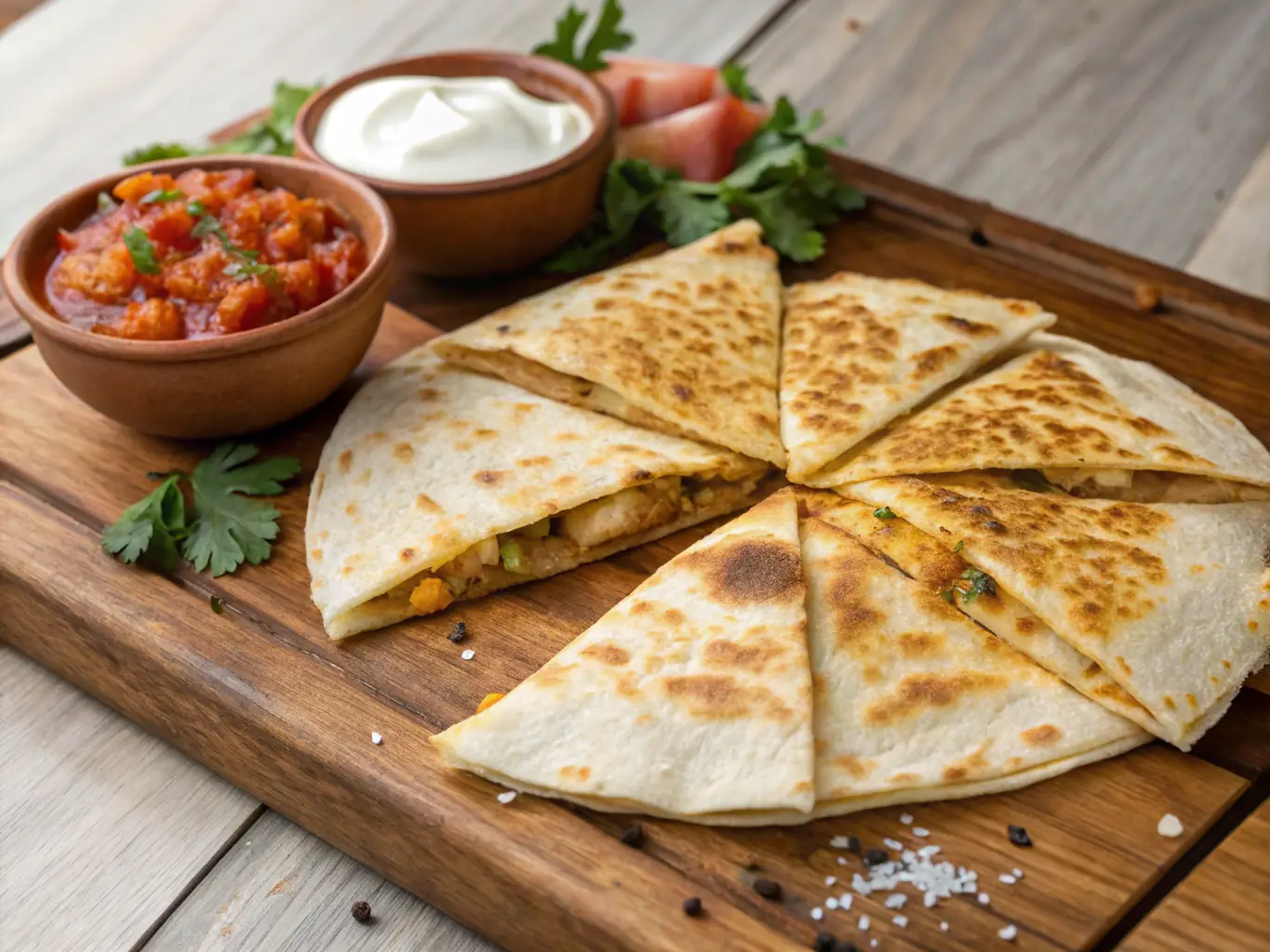 A stack of golden-brown Quesadillas, filled with melted cheese and your choice of meat, served with a side of sour cream and guacamole, presented on a colorful Mexican plate.