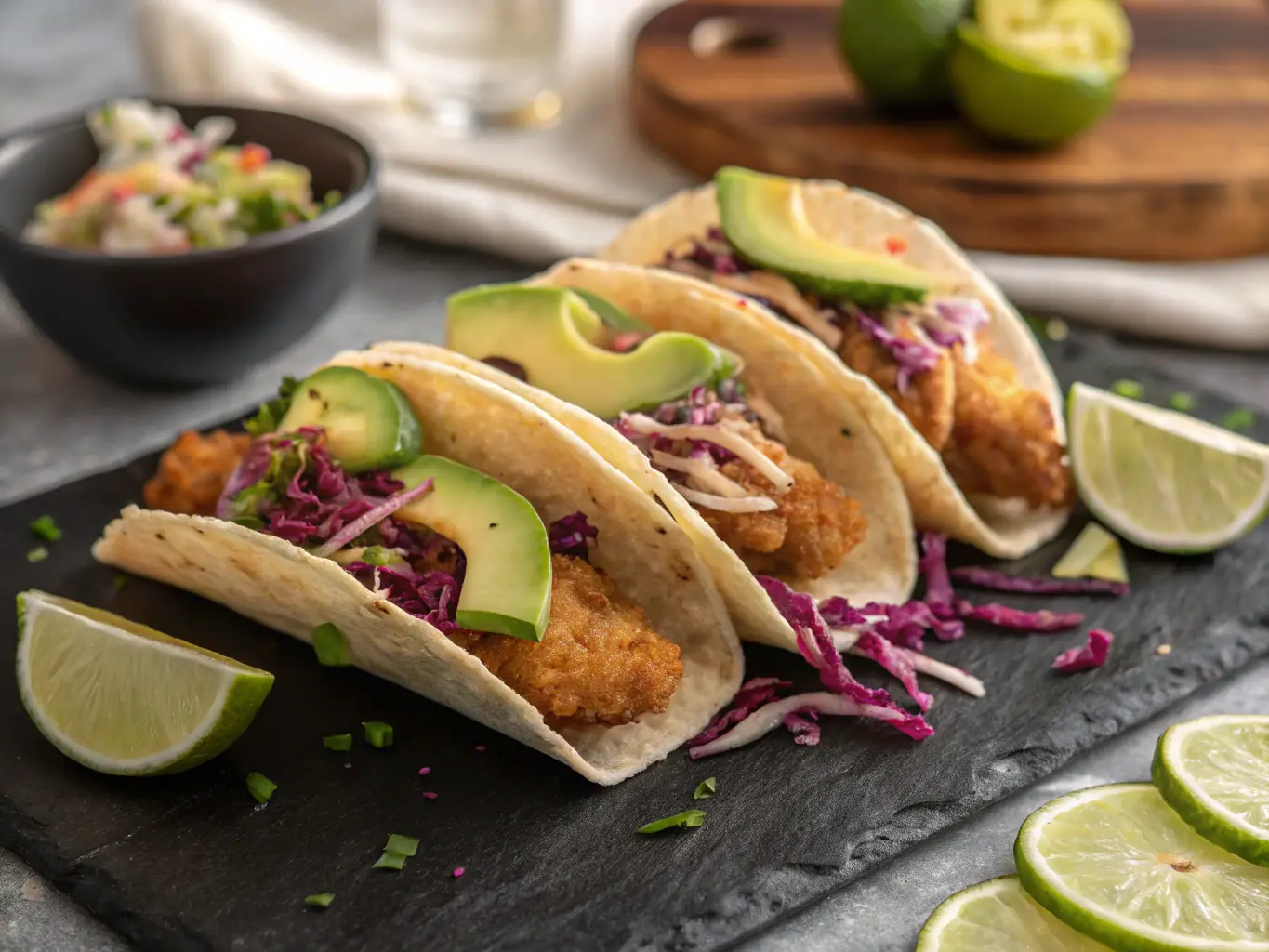A vibrant image of Shrimp tacos, highlighting the fresh shrimp, creamy sauce, and colorful toppings like pico de gallo and avocado.