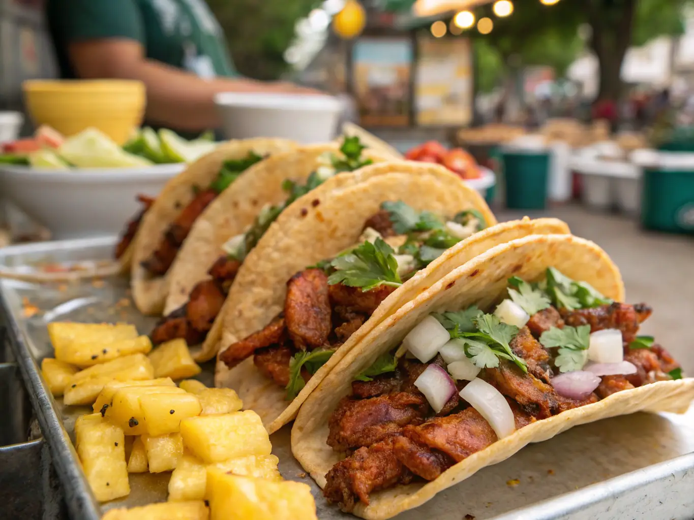A close-up shot of Al Pastor tacos being prepared on a vertical spit, with marinated pork and pineapple, capturing the vibrant colors and traditional cooking method.