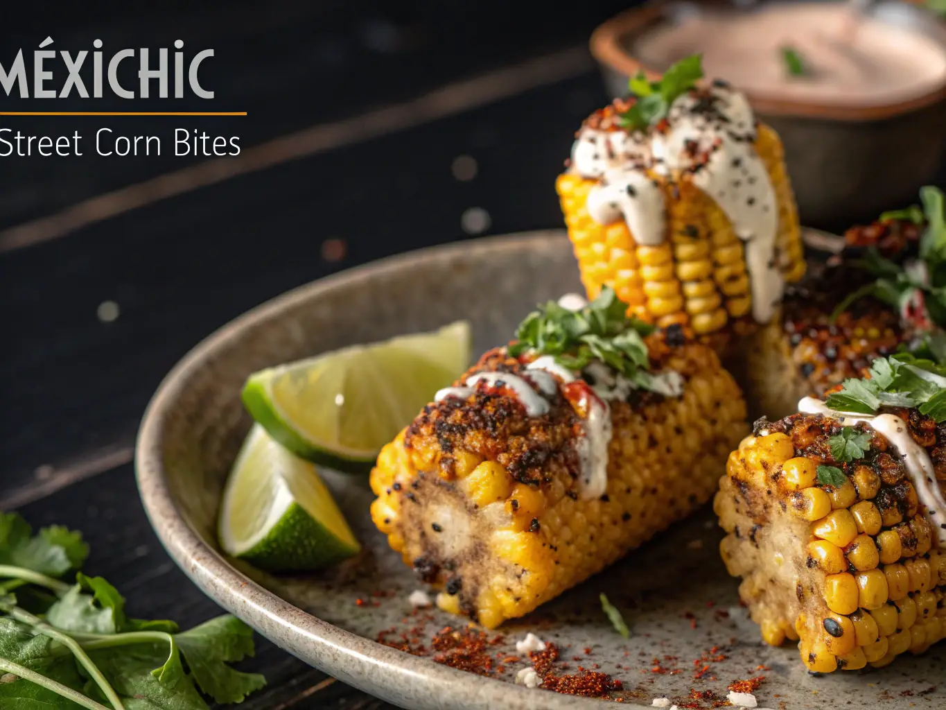 A close-up of grilled Elote (Mexican street corn) covered in queso fresco, chili powder, and a squeeze of lime, displayed on a colorful plate.