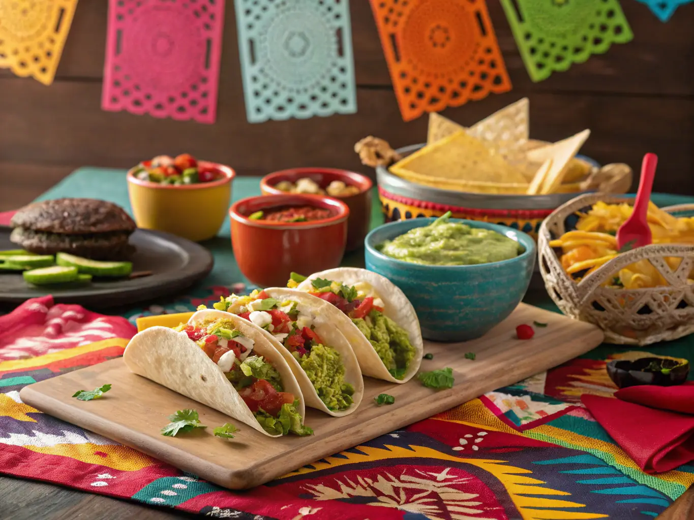 A vibrant photo showcasing a table filled with various Mexican appetizers, such as chips and salsa, queso fundido, and elote, arranged artfully to highlight the variety and colors of the dishes.