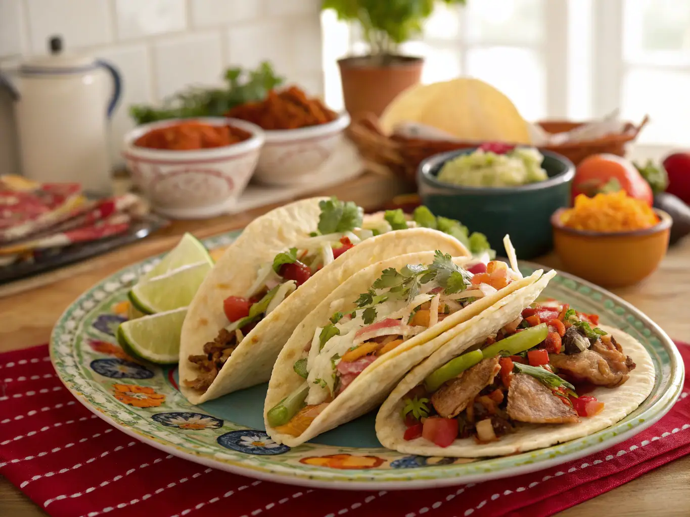 A colorful image displaying a variety of tacos, including al pastor, asada, carnitas, birria, shrimp, and fish tacos, each with its unique toppings and presentation.