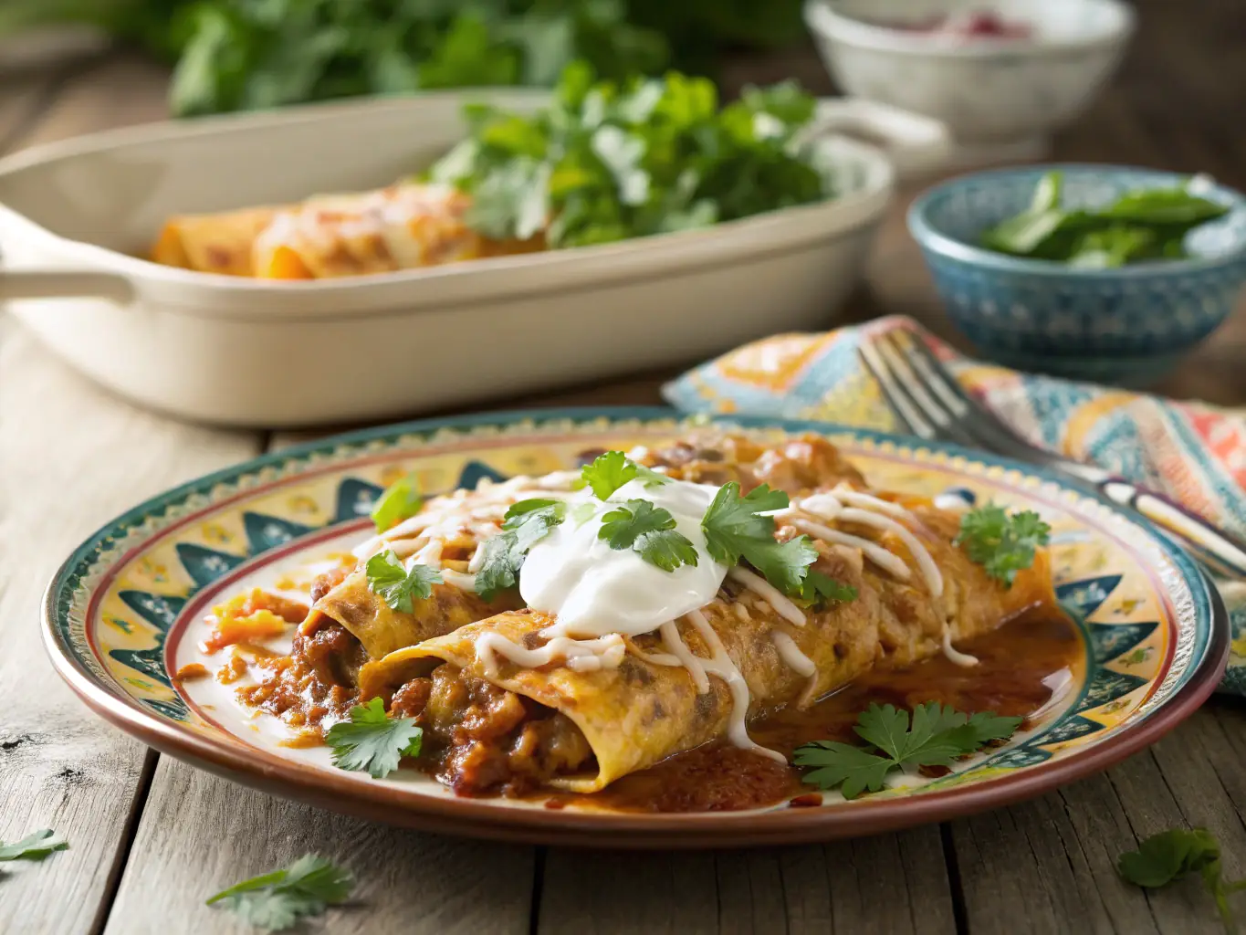 A close-up shot of a plate of enchiladas with rice and beans, highlighting the rich colors and textures of the dish, with a focus on the melted cheese and flavorful sauce.